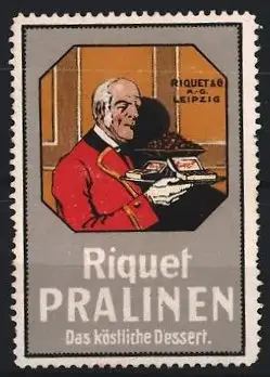 Reklamemarke Leipzig, Riquet Pralinen, Butler mit Tablett