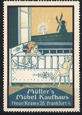 Reklamemarke Frankfurt / Main, Müller`s Möbel Kaufhaus, Neue Kräme 28, Kinderzimmer mit Windmühle