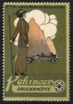 Reklamemarke Koh-i-noor, Druckknöpfe für Winter- und Touristenkleider, Bergmotiv mit Auto