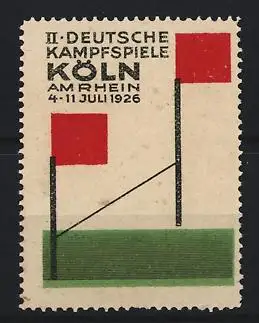 Reklamemarke Köln, II. Deutsche Kampfspiele 1926, rote Fahnen mit Zielband