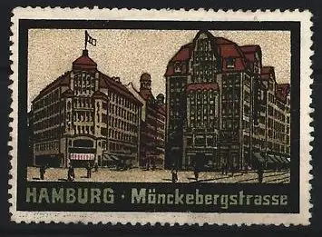 Reklamemarke Hamburg, Mönckebergstrasse, Ortsansicht mit Strassenbahn