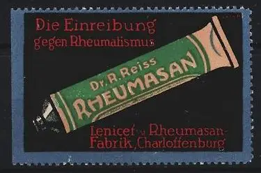 Reklamemarke Charlottenburg, Dr. R. Reiss RHEUMASAN, Tube als Symbol