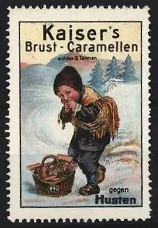 Reklamemarke Kaiser`s Brust-Caramellen, Kind mit Korb voller Bonbons gegen Husten