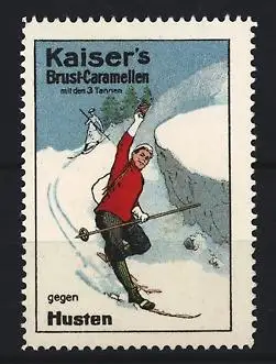 Reklamemarke Kaiser`s Brust-Caramellen, Skifahrer im Schnee