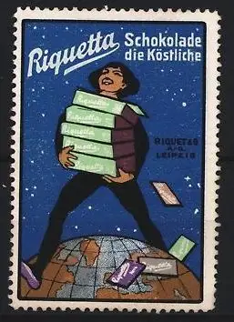 Reklamemarke Leipzig, Riquetta Schokolade die Köstliche, Frau mit Schokoladenstapeln