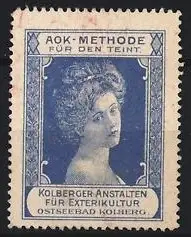 Reklamemarke Kolberg, Anstalten für Exterikultur Ostseebad Kolberg, AOK-Methode für den Teint, Frauengesicht