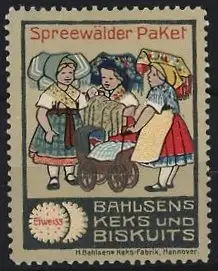 Reklamemarke Hannover, Bahlsen Kekse & Biscuit's, Spreewälder Paket, Frauen in Tracht mit Kinderwagen