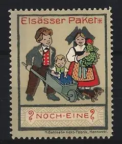 Reklamemarke Hannover, Bahlsen Kekse & Biscuit's, Elsässer Paket, Familie aus dem Elsass in Tracht mit Schubkarre