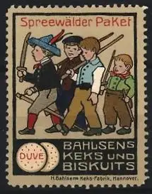 Reklamemarke Hannover, Bahlsen Kekse & Biscuit's, Spreewälder Paket, Kinder spielen Krieg