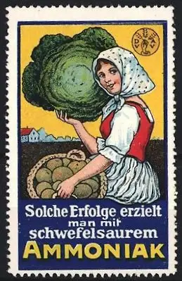 Reklamemarke Solche Erfolge erzielt man mit schwefelsaurem Ammoniak, Bäuerin mit riesigem Wirsingkohl