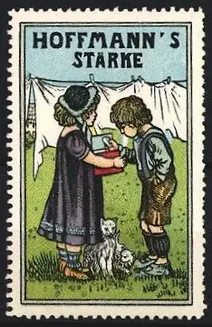Reklamemarke Hoffmann`s Stärke, Kinder mit Katze und Wäscheleine