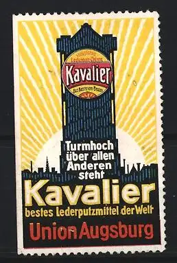 Reklamemarke Augsburg, Kavalier bestes Lederputzmittel Union Augsburg, Turm mit Sonnenstrahlen