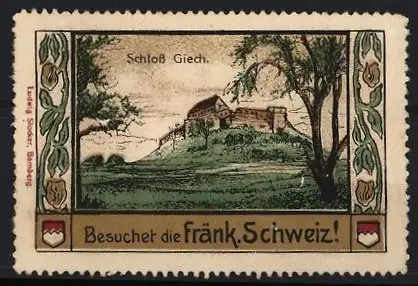 Reklamemarke Schloss Giech, Besuchet die Fränkische Schweiz!, Schlossansicht