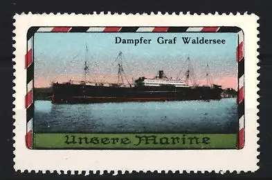 Reklamemarke Unsere Marine, Dampfer Graf Waldersee, Schiff bei Dämmerung