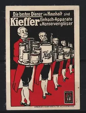 Reklamemarke Kieffer, Einkoch-Apparate u. Konservengläser, Diener mit Gläsern