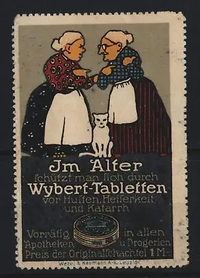 Reklamemarke Leipzig, Wybert-Tabletten, zwei Damen und eine Katze