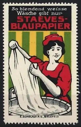 Reklamemarke Bielefeld, Staeves-Blaupapier, Frau mit Wäsche