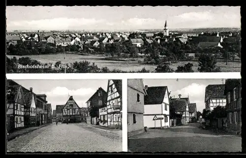 AK Bischofsheim b. Ffm., Ortsansicht, Fachwerkhäuser, Kirche