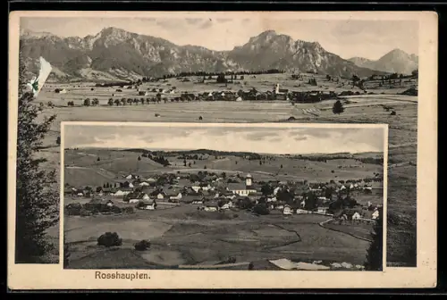 AK Rosshaupten, Ortsansicht mit Kirche und Alpenpanorama