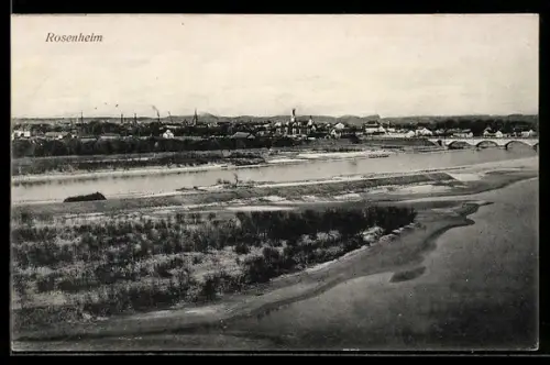 AK Rosenheim, Flusslandschaft und Stadtansicht mit Brücke