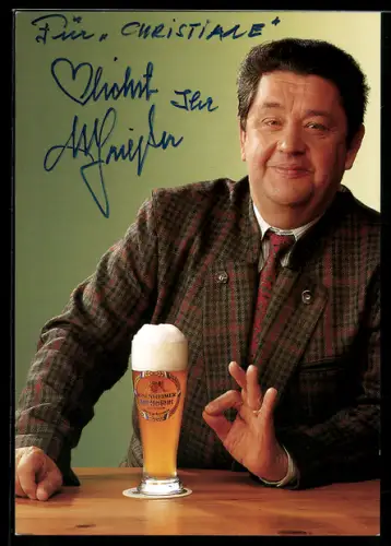 AK Schauspieler Max Griesser mit einem Bier, Autograph