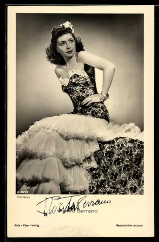 AK Schauspielerin Rosita Serrano im Kleid zur Seite blickend, Autograph