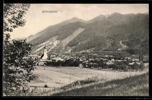 AK Grassau, Ortsansicht, Kirche, Berge