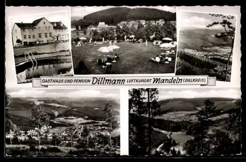 AK Mandeln im Dillkreis, Gasthaus und Pension Dillmann, Talpanorama, Sonnenbad im Garten