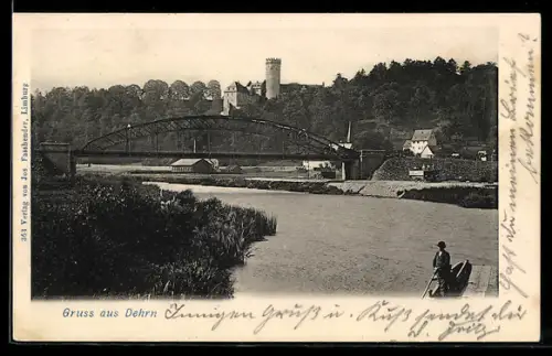 AK Dehrn, Partie am Ortsrand, Mann mit Stock, Brücke, Fuhrwerk