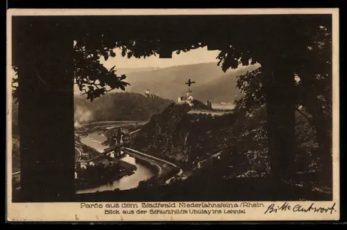 AK Niederlahnstein a. Rhein, Blick aus der Schutzhütte Uhulay ins Lahntal, Partie aus dem Stadtwald