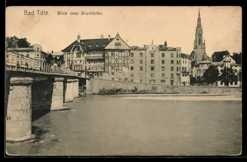 AK Bad Tölz, Blick vom Gasthaus Bruckbräu mit Kirche