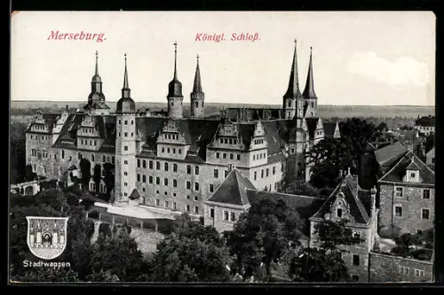 AK Merseburg, Wappen, Teilansicht mit Schloss