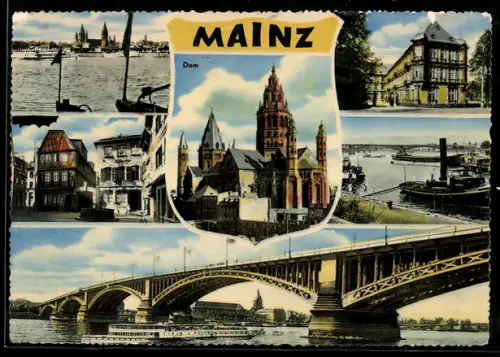 AK Mainz, Partie am Dom und Flussdampfer unter einer Brücke