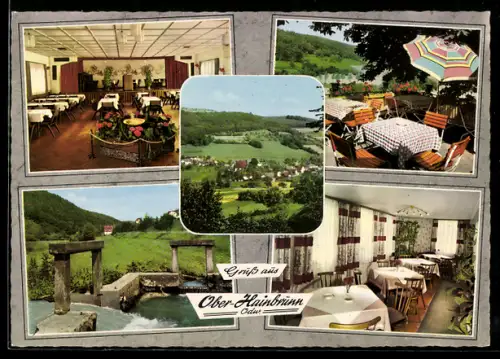 AK Ober-Hainbrunn /Odenwald, Gasthaus und Pension Zur Krone, grosser Saal, Terrasse, Ortsansicht