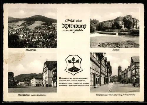 AK Rotenburg /Fulda, Totalansicht, Schloss und Partie am Marktplatz mit Rathaus