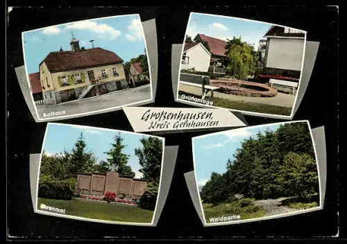 AK Grossenhausen /Gelnhausen, Partie am Rathaus, Ehrenmal und Waldweg