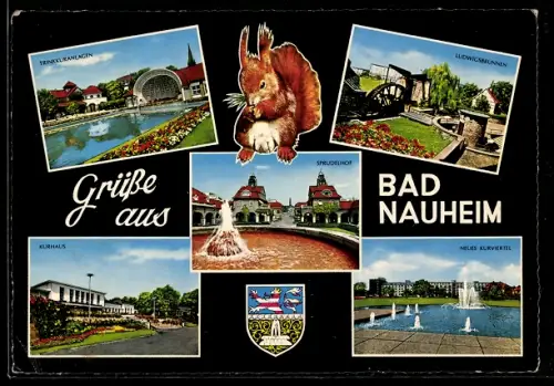 AK Bad Nauheim, Partie am Ludwigsbrunnen, Trinkkuranlagen und Neues Kurviertel