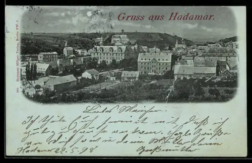 Mondschein-AK Hadamar, Teilansicht mit Kirche