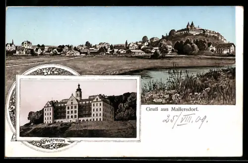 Lithographie Mallersdorf, Teilansicht mit Festung, Sanatorium