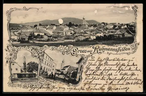 AK Ruhmannsfelden, Brunnen, Ortspartie, Gesamtansicht