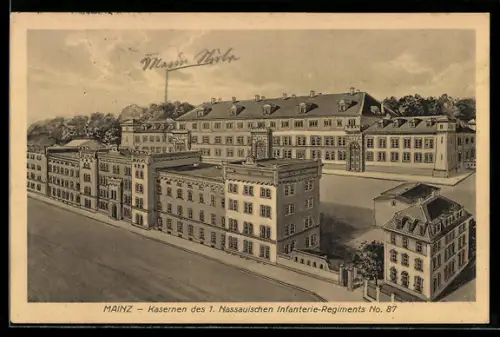 AK Mainz, Blick auf die Kasernen des 1. Nassauischen Infanterie-Regiments No. 87