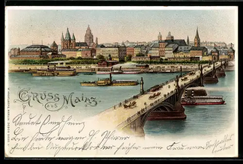 Lithographie Mainz, Rheinbrücke und Dom, Stadtpanorama bei Halt gegen das Licht