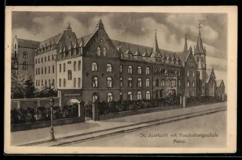 Künstler-AK Mainz, St. Josefsstift mit Haushaltungsschule