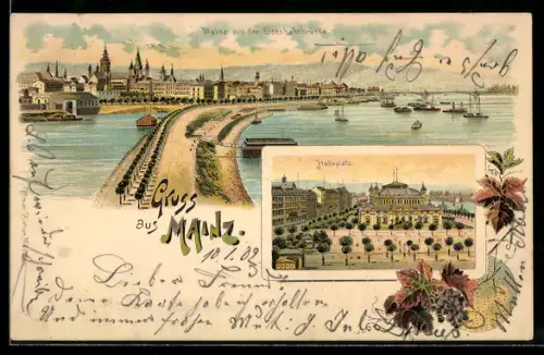 Lithographie Mainz, Teilansicht von der Eisenbahnbrücke aus, Halleplatz