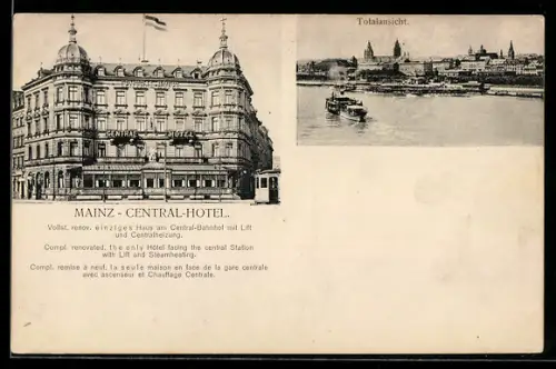 AK Mainz, Central-Hotel mit Strassenbahn, Totalansicht