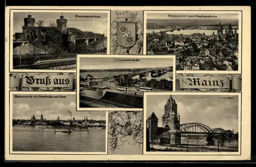 AK Mainz, Eisenbahnbrücke, Totalansicht vom Stephansturm, Kaiserbrücke, Rheinansicht mit Dampfer