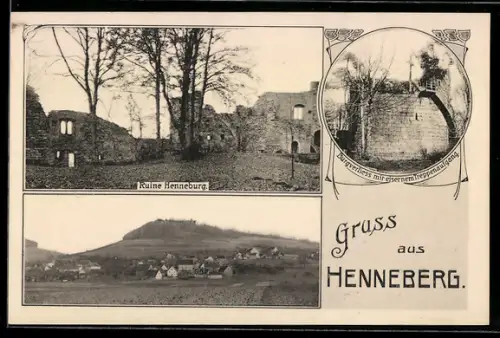 AK Henneberg, Ruine Henneburg, Burgverliess mit eisernem Treppenaufgang, Teilansicht