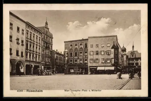 AK Rosenheim, Max-Josephs-Platz mit Bäckerei und Mittertor