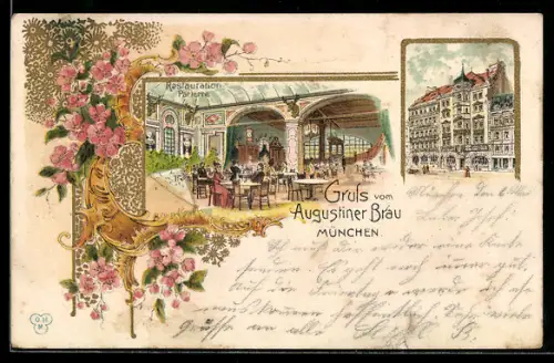 Lithographie München, Gasthaus Augustiner-Bräu, Inneres Restaurant Parterre