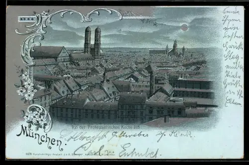 Mondschein-Lithographie München, Teilansicht von der Protestantischen Kirche zur Frauenkirche